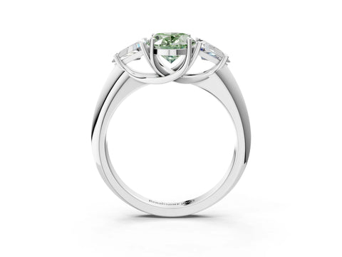 White gold Three-Stone Fancy Green Oval Cut Cut Diamond Ring with Trillion Side Stones and Four-Prong Setting_14