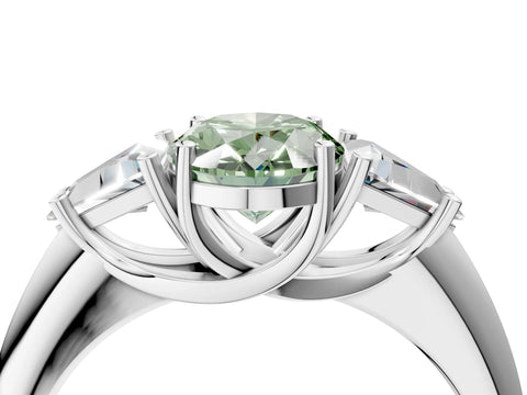 White gold Three-Stone Fancy Green Oval Cut Cut Diamond Ring with Trillion Side Stones and Four-Prong Setting_15