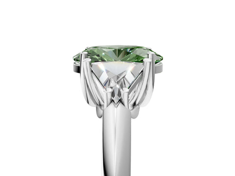 White gold Three-Stone Fancy Green Oval Cut Cut Diamond Ring with Trillion Side Stones and Four-Prong Setting_16
