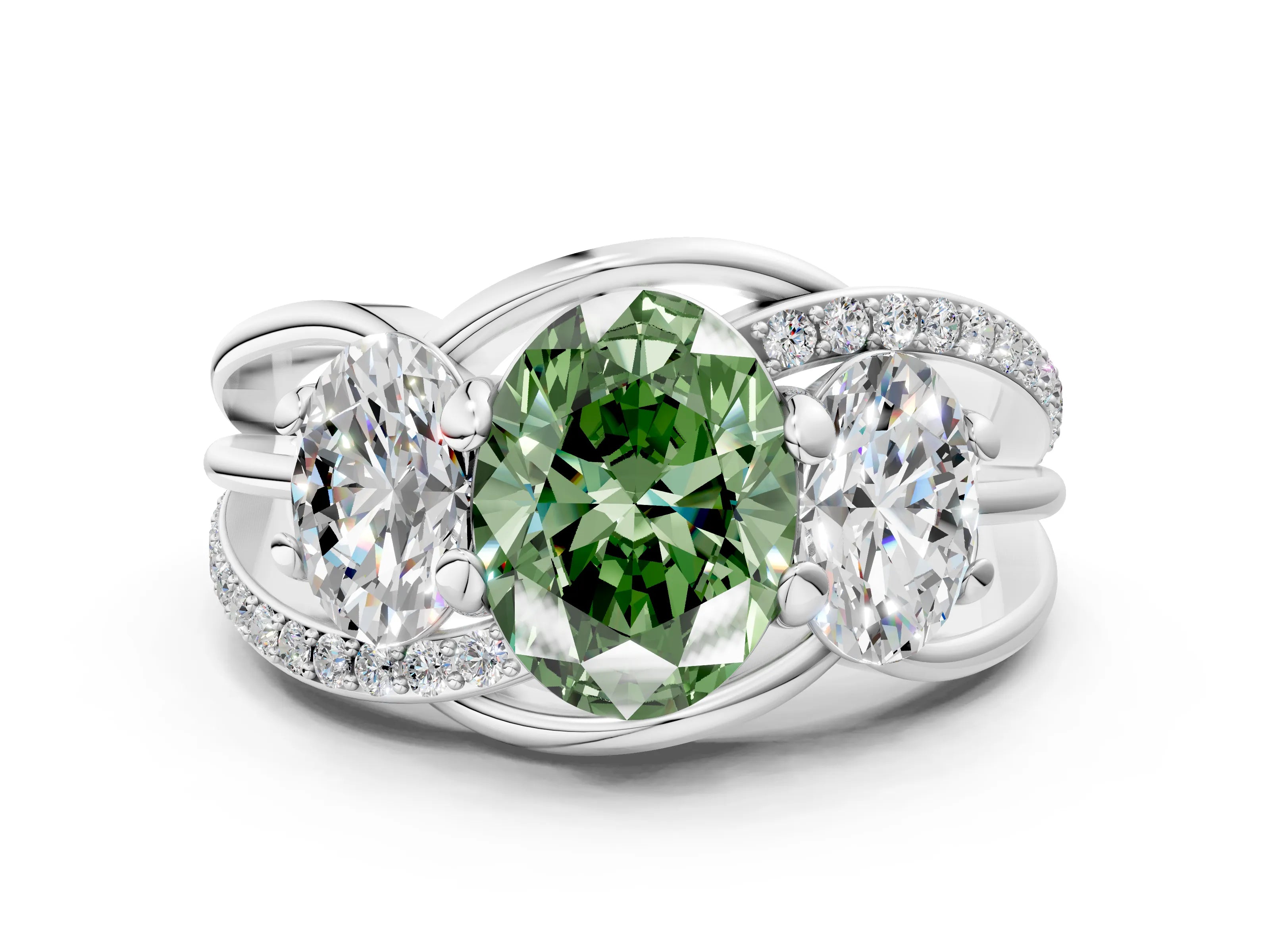 White gold Three-Stone Fancy Green Oval Cut Cut Diamond Split Shank Prong Set Ring_12