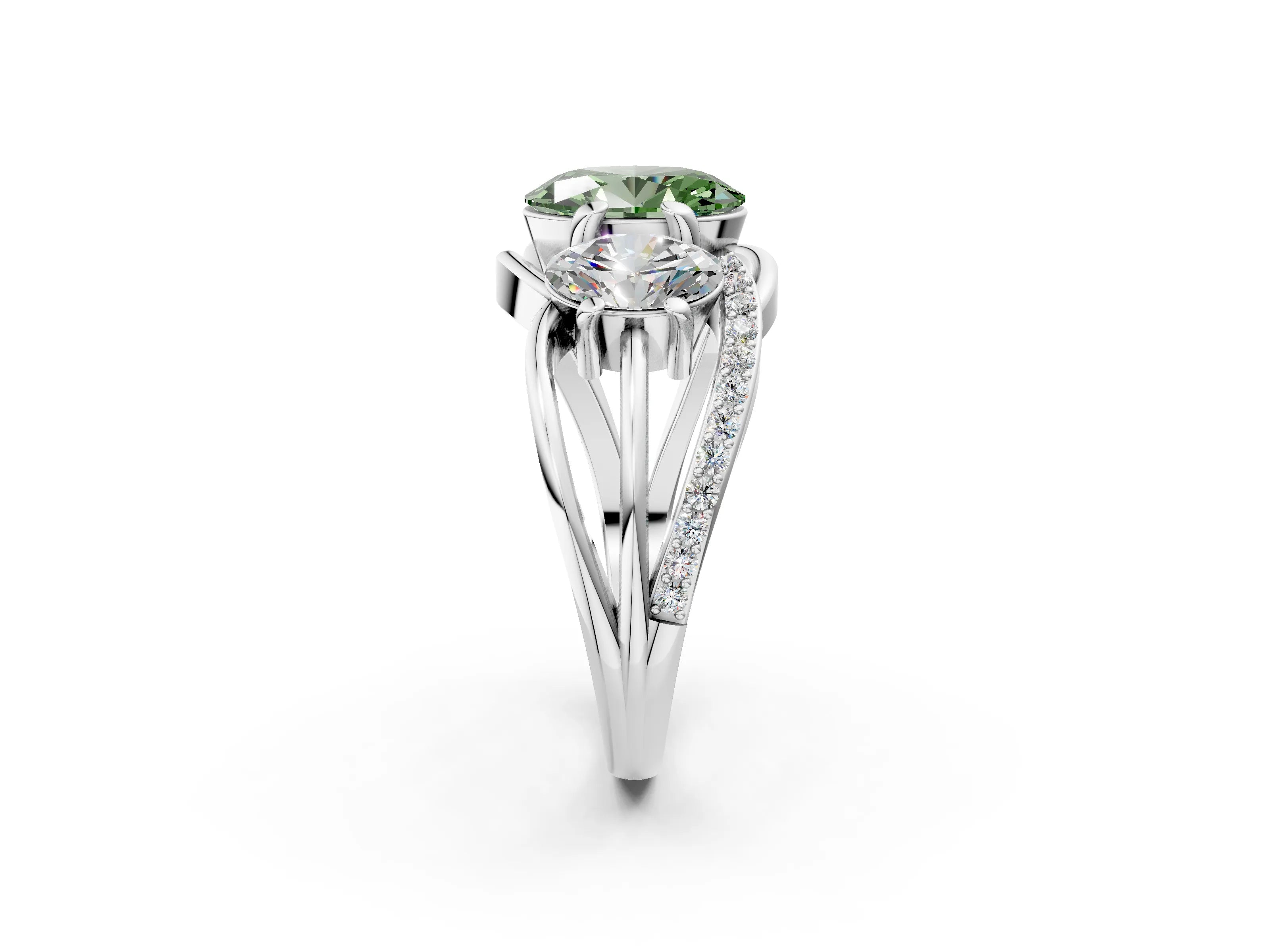 White gold Three-Stone Fancy Green Oval Cut Cut Diamond Split Shank Prong Set Ring_14