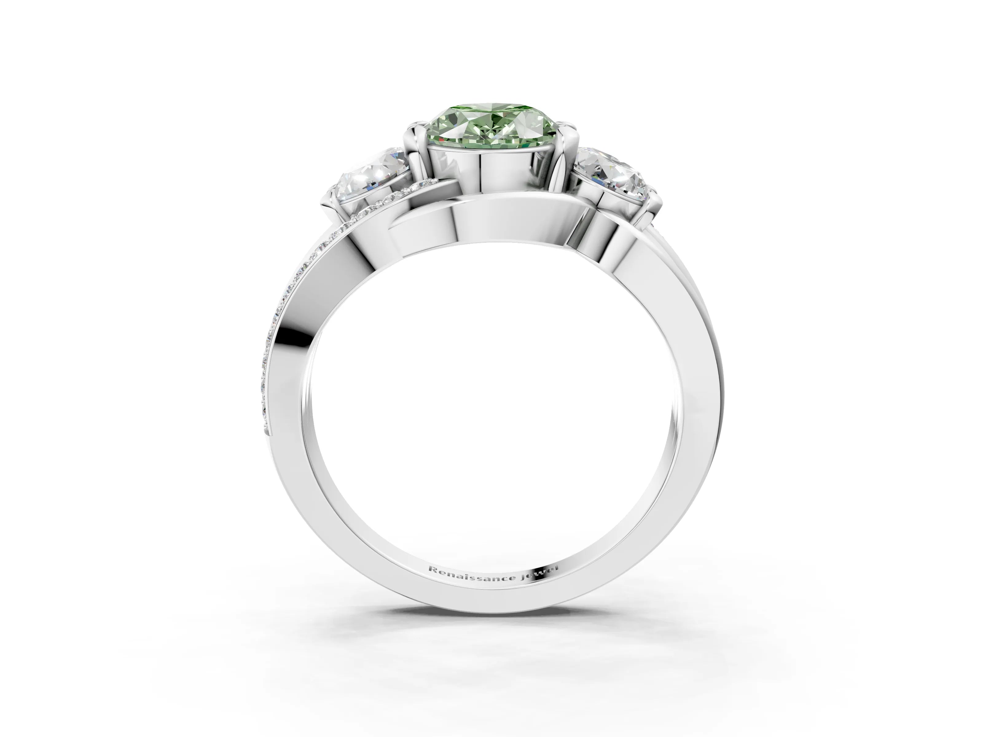White gold Three-Stone Fancy Green Oval Cut Cut Diamond Split Shank Prong Set Ring_15