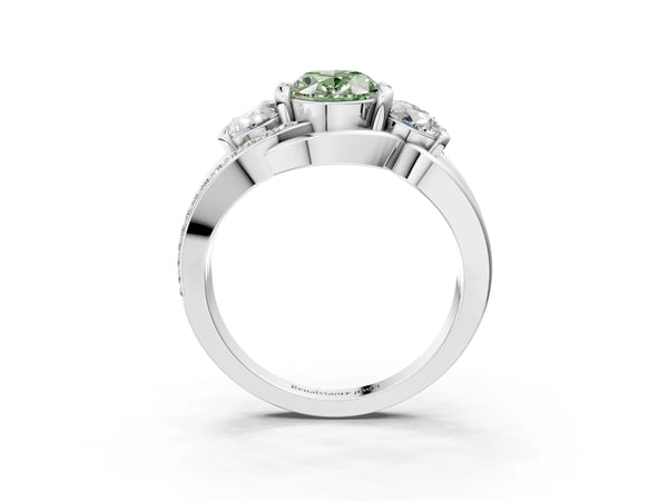 White gold Three-Stone Fancy Green Oval Cut Cut Diamond Split Shank Prong Set Ring