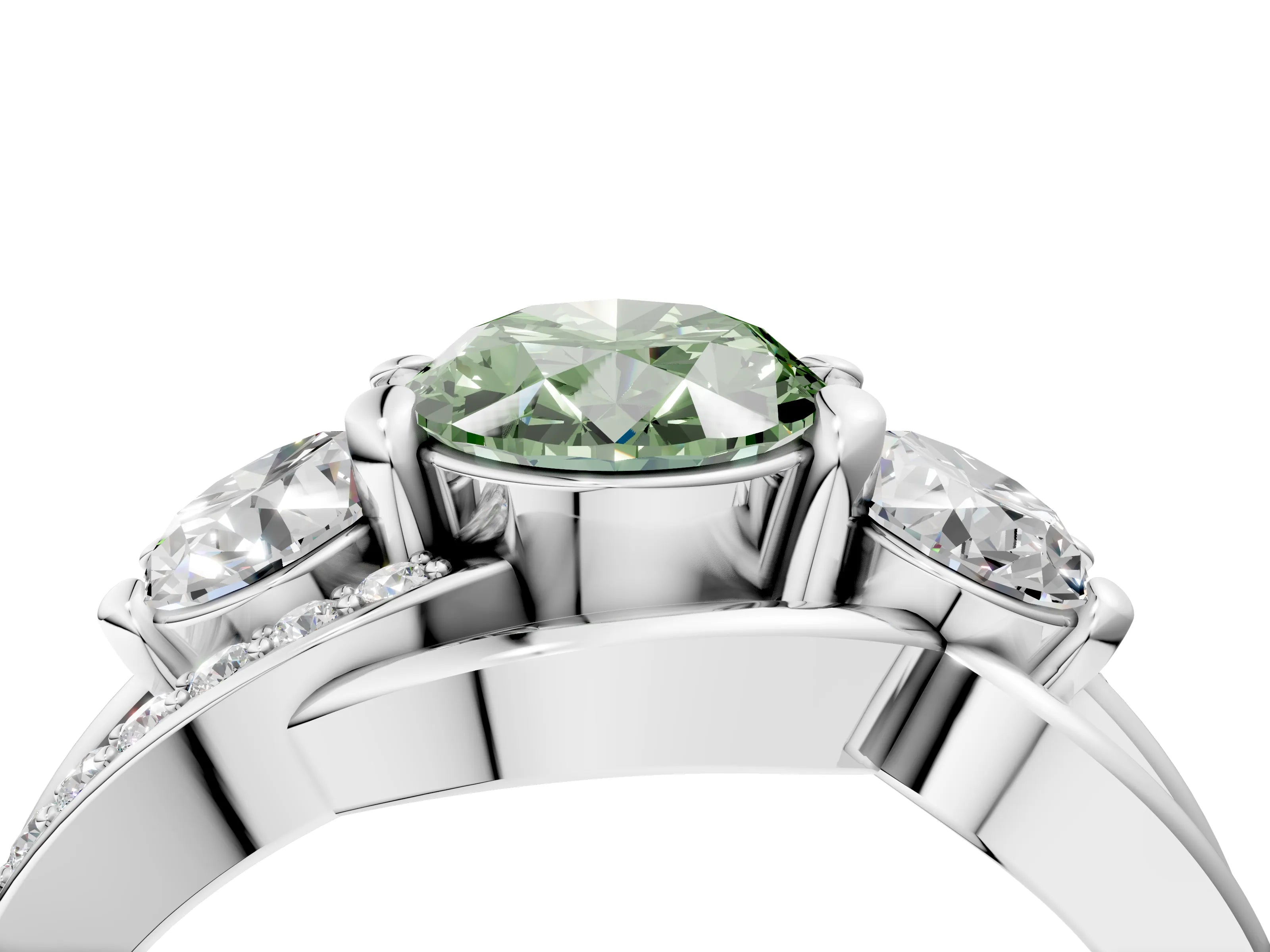 White gold Three-Stone Fancy Green Oval Cut Cut Diamond Split Shank Prong Set Ring_16