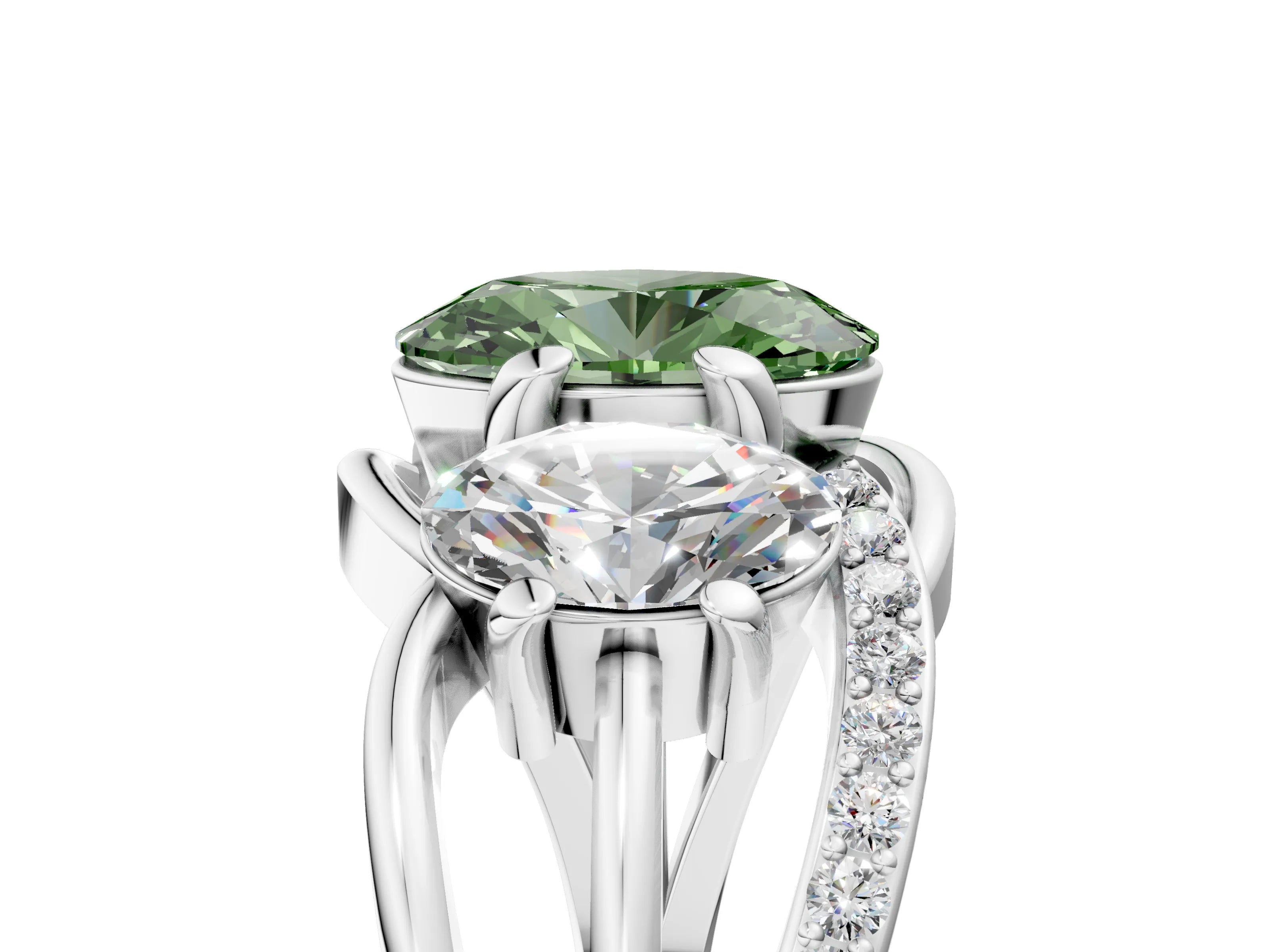 White gold Three-Stone Fancy Green Oval Cut Cut Diamond Split Shank Prong Set Ring_17