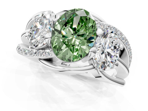 White gold Three-Stone Fancy Green Oval Cut Cut Diamond Split Shank Prong Set Ring_1