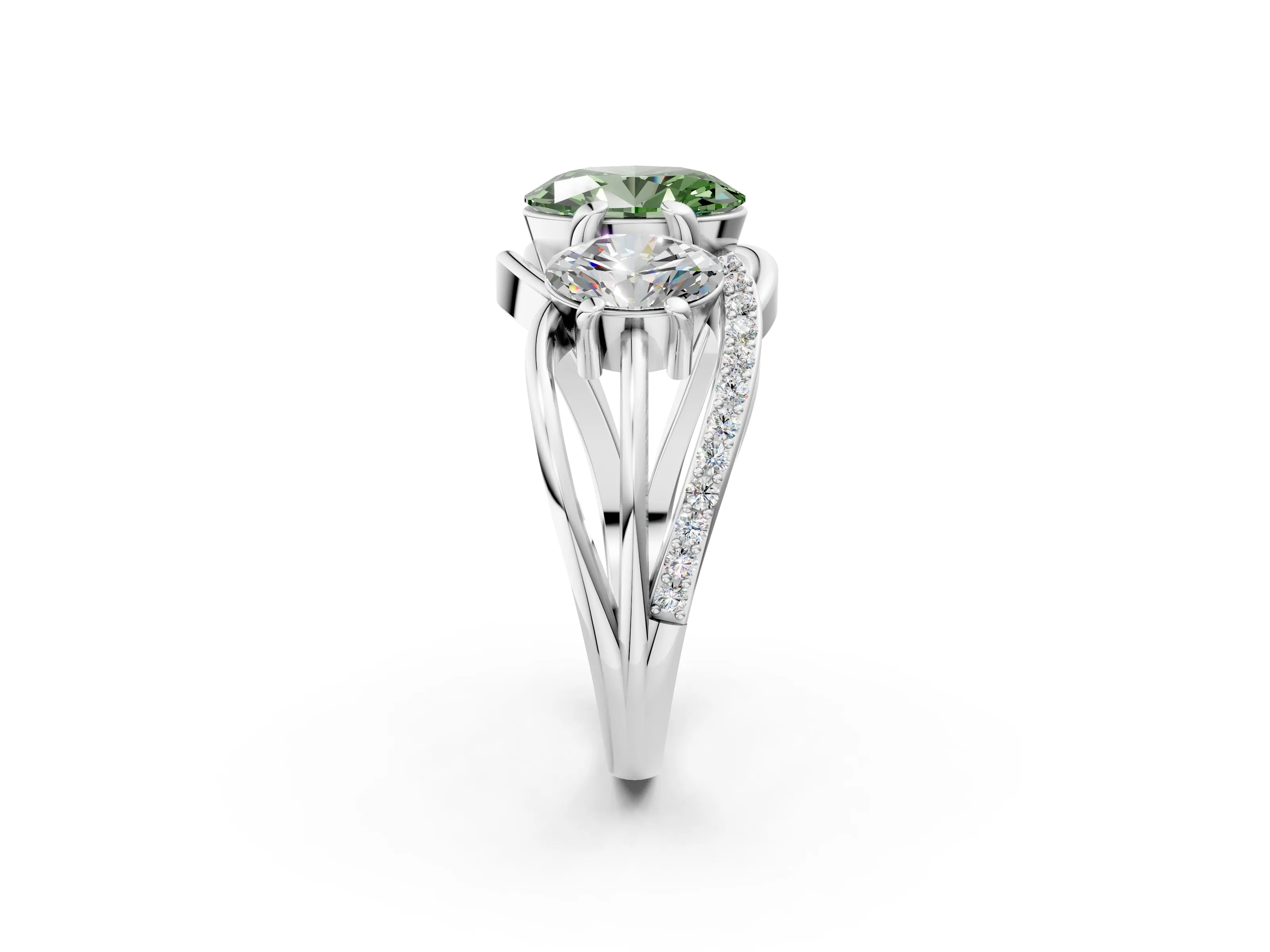 White gold Three-Stone Fancy Green Oval Cut Cut Diamond Split Shank Prong Set Ring_2