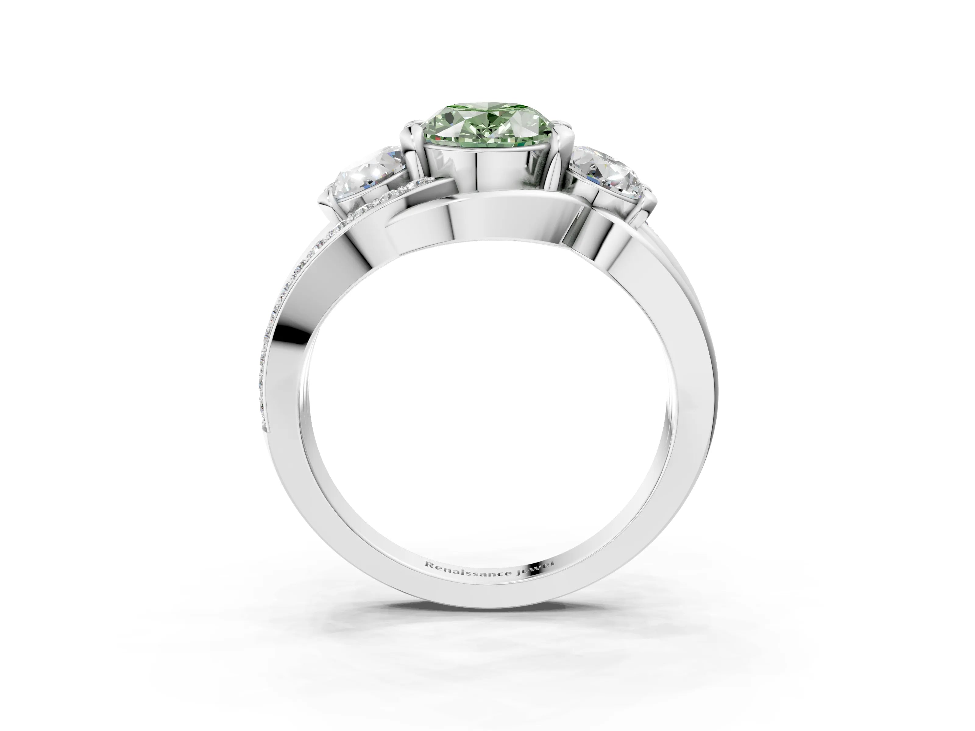 White gold Three-Stone Fancy Green Oval Cut Cut Diamond Split Shank Prong Set Ring_3