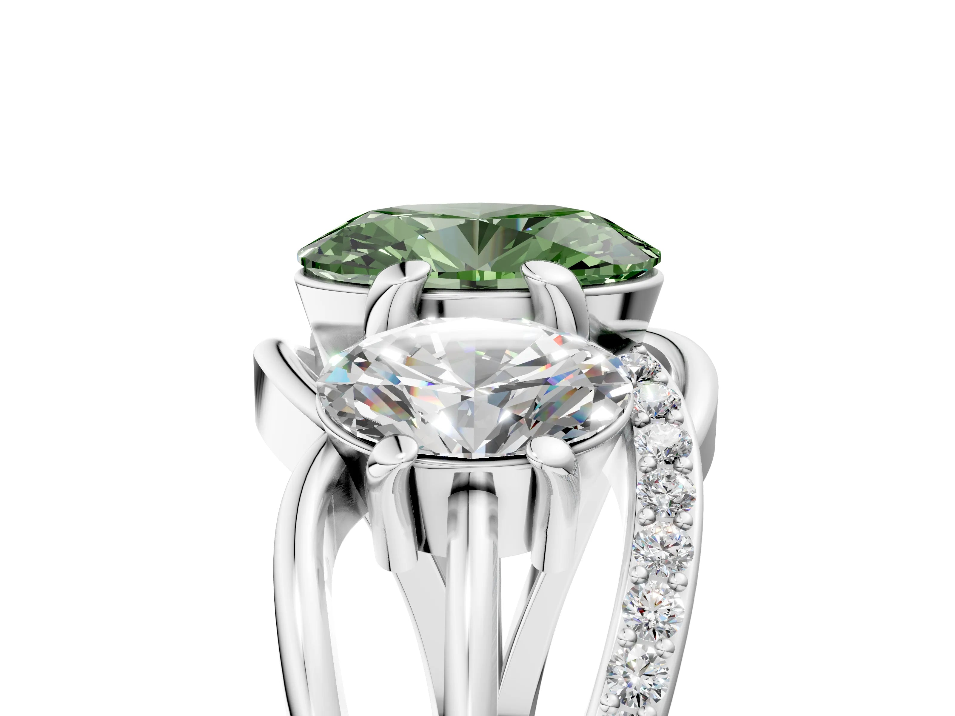 White gold Three-Stone Fancy Green Oval Cut Cut Diamond Split Shank Prong Set Ring_5