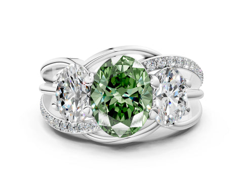 White gold Three-Stone Fancy Green Oval Cut Cut Diamond Split Shank Prong Set Ring