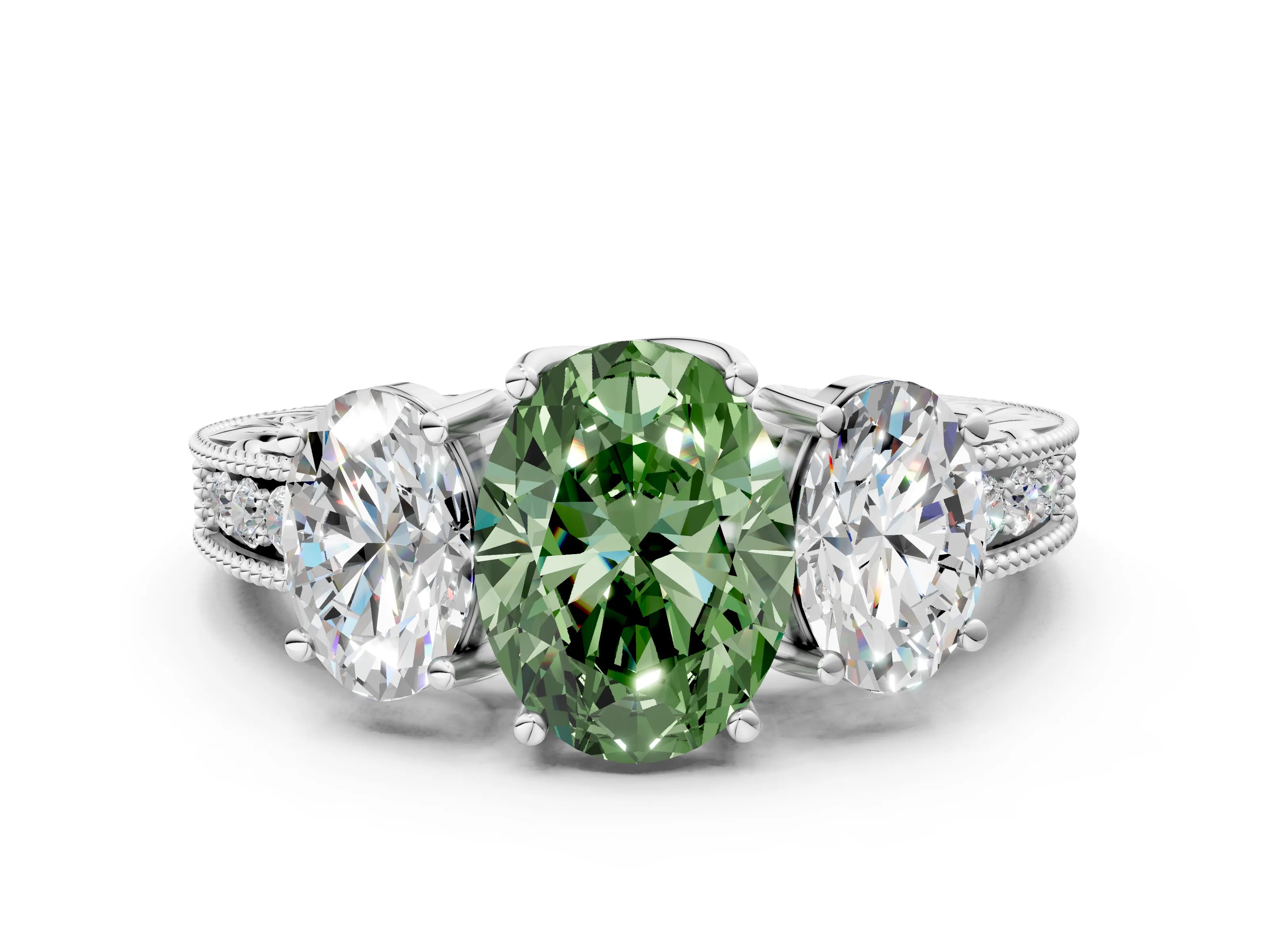 White gold Three-Stone Fancy Green Oval Cut Cut Milgrain Pavé Engagement Ring_12