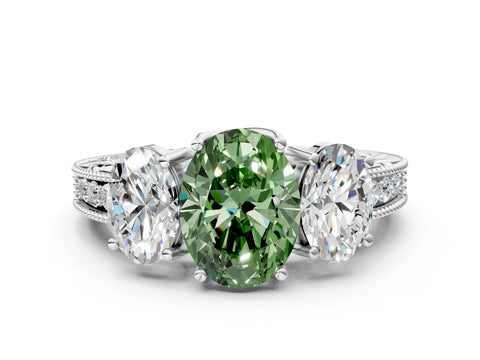 White gold Three-Stone Fancy Green Oval Cut Cut Milgrain Pavé Engagement Ring_12