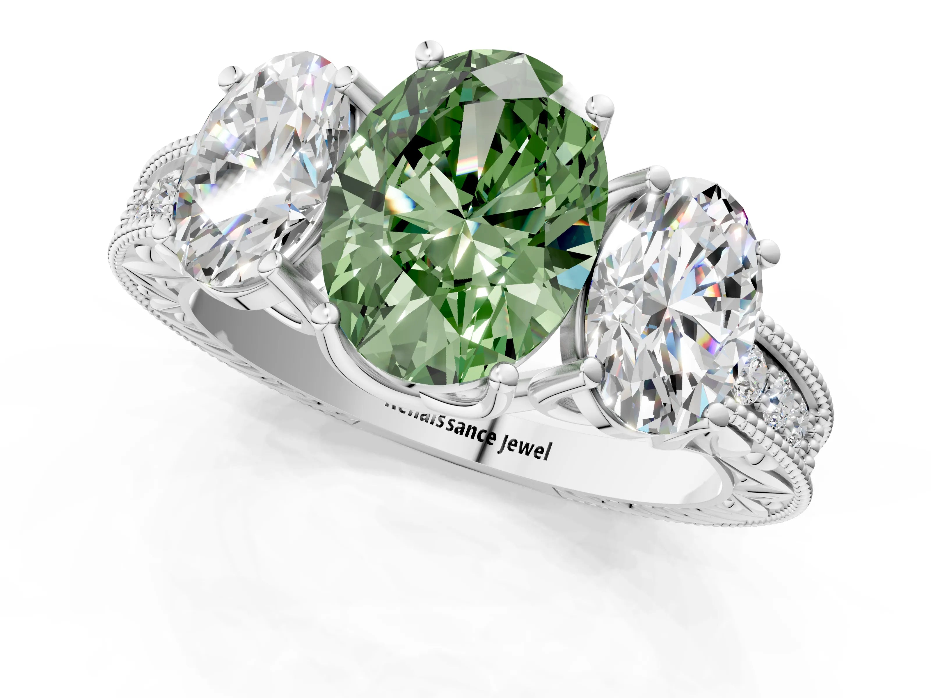 White gold Three-Stone Fancy Green Oval Cut Cut Milgrain Pavé Engagement Ring_13