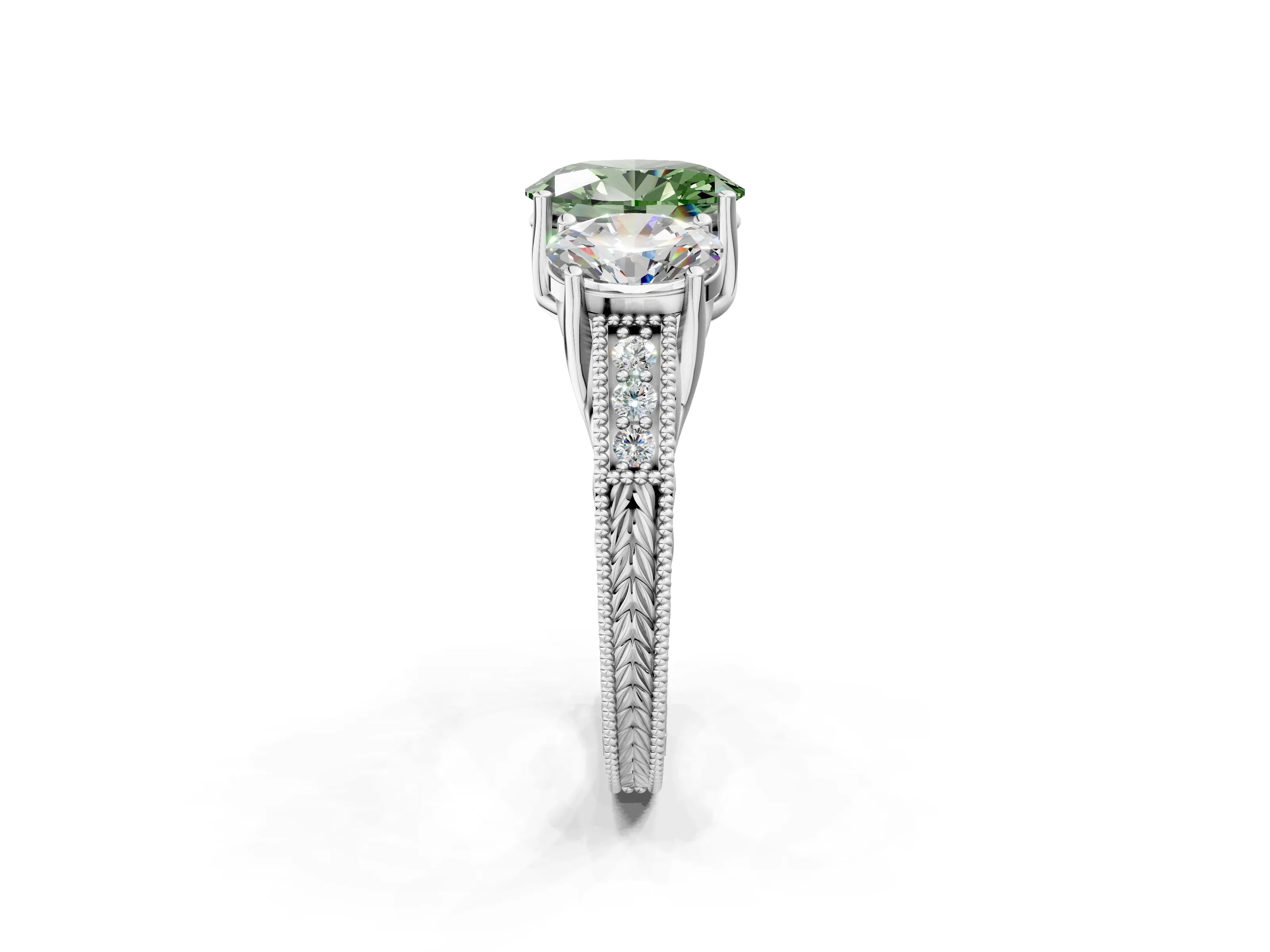White gold Three-Stone Fancy Green Oval Cut Cut Milgrain Pavé Engagement Ring_14