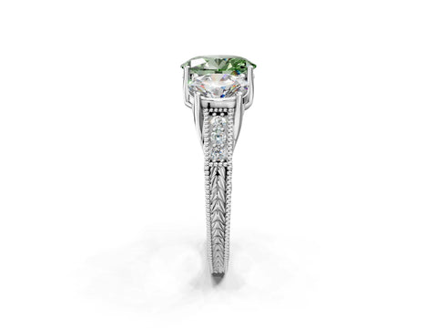 White gold Three-Stone Fancy Green Oval Cut Cut Milgrain Pavé Engagement Ring_14
