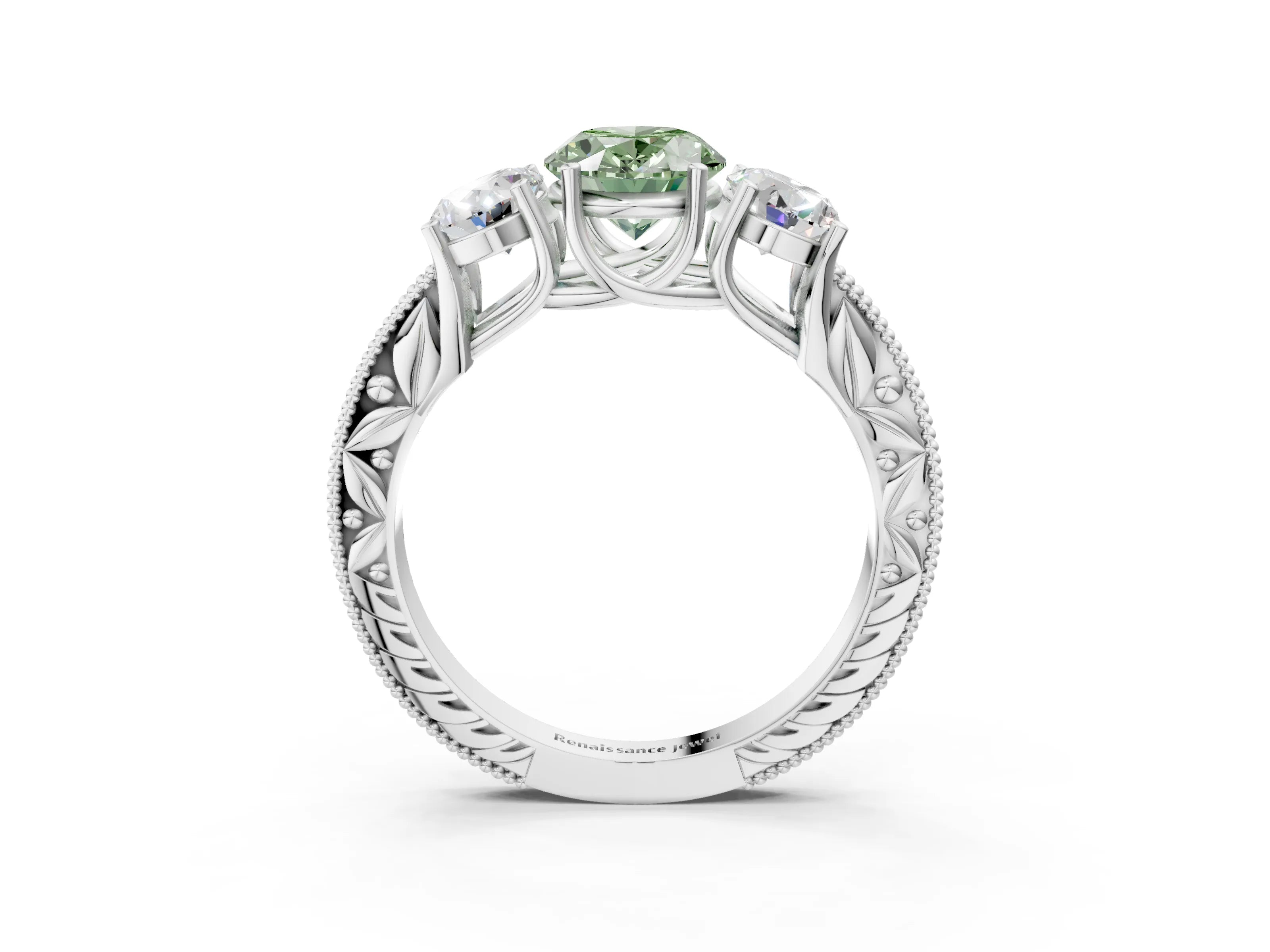 White gold Three-Stone Fancy Green Oval Cut Cut Milgrain Pavé Engagement Ring_15