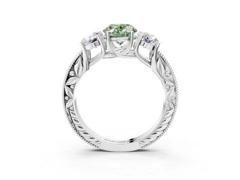 White gold Three-Stone Fancy Green Oval Cut Cut Milgrain Pavé Engagement Ring_15