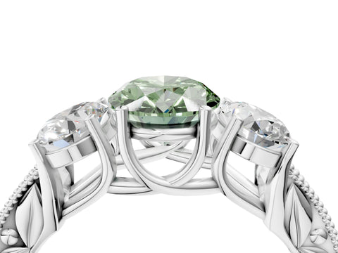 White gold Three-Stone Fancy Green Oval Cut Cut Milgrain Pavé Engagement Ring_16