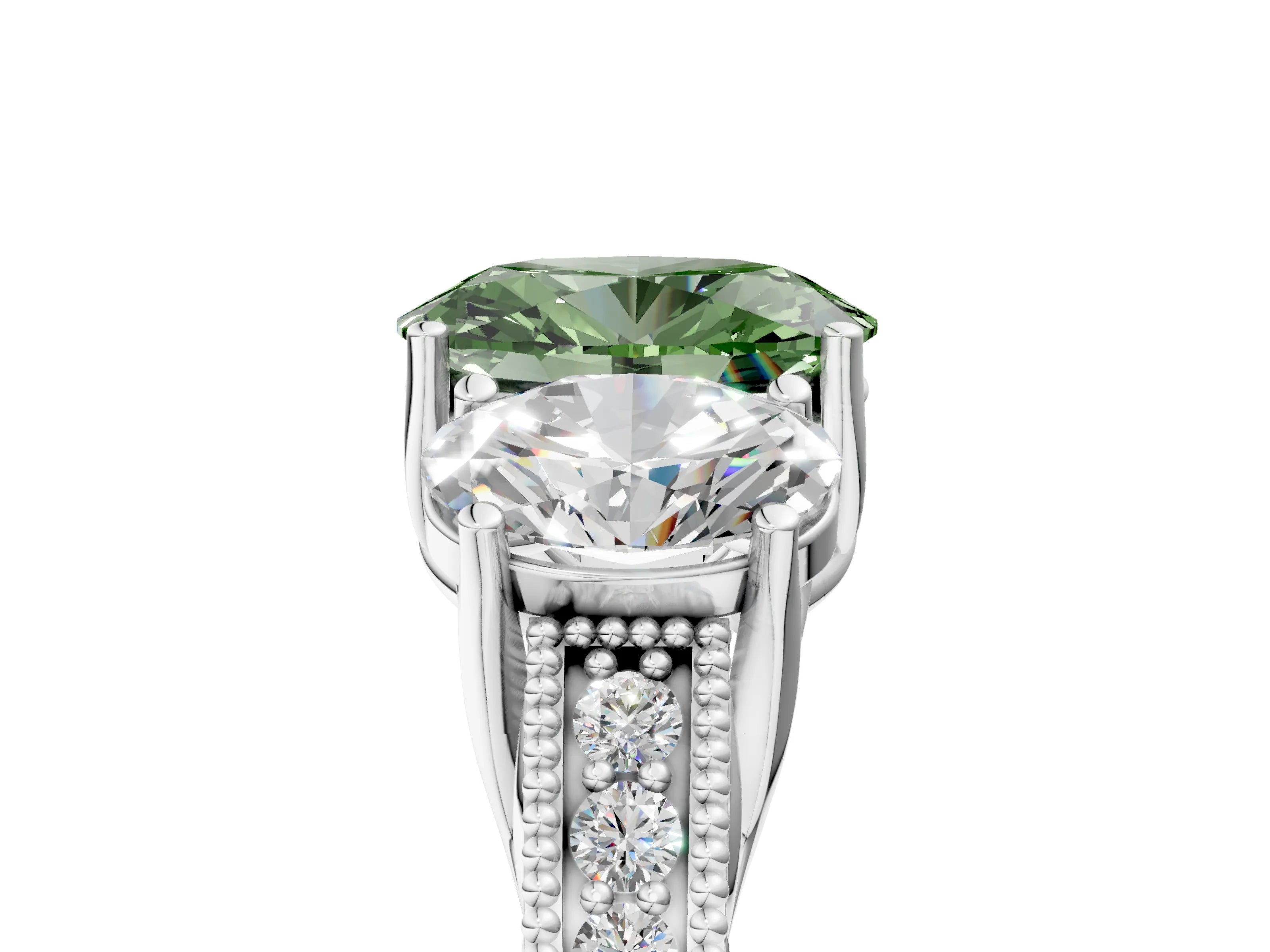White gold Three-Stone Fancy Green Oval Cut Cut Milgrain Pavé Engagement Ring_17