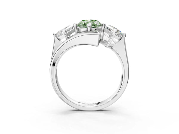 White gold Three-Stone Fancy Green Oval Cut Cut Tension Band Ring with Four-Prong Setting