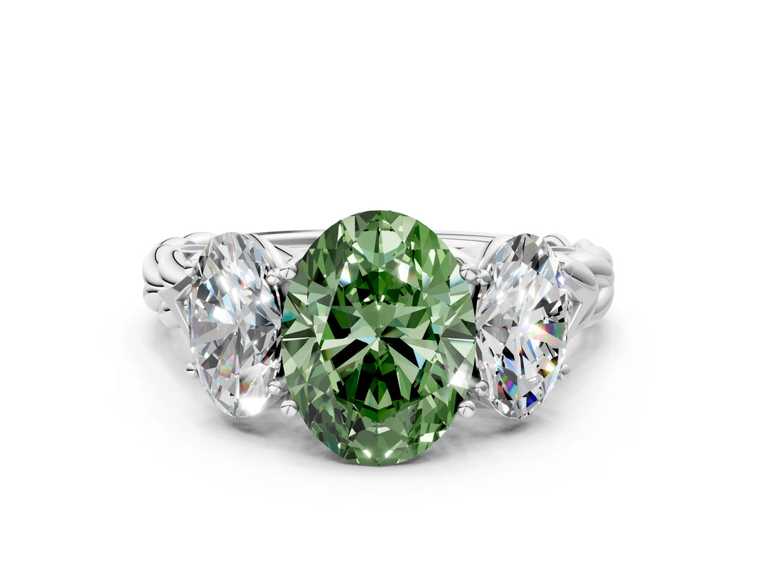 White gold Three-Stone Fancy Green Oval Cut Diamond Braided Band Ring with Four-Prong Setting_20