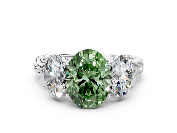 White gold Three-Stone Fancy Green Oval Cut Diamond Braided Band Ring with Four-Prong Setting