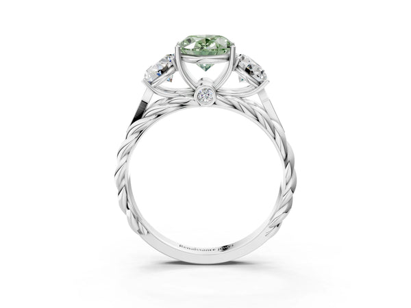 White gold Three-Stone Fancy Green Oval Cut Diamond Braided Band Ring with Four-Prong Setting