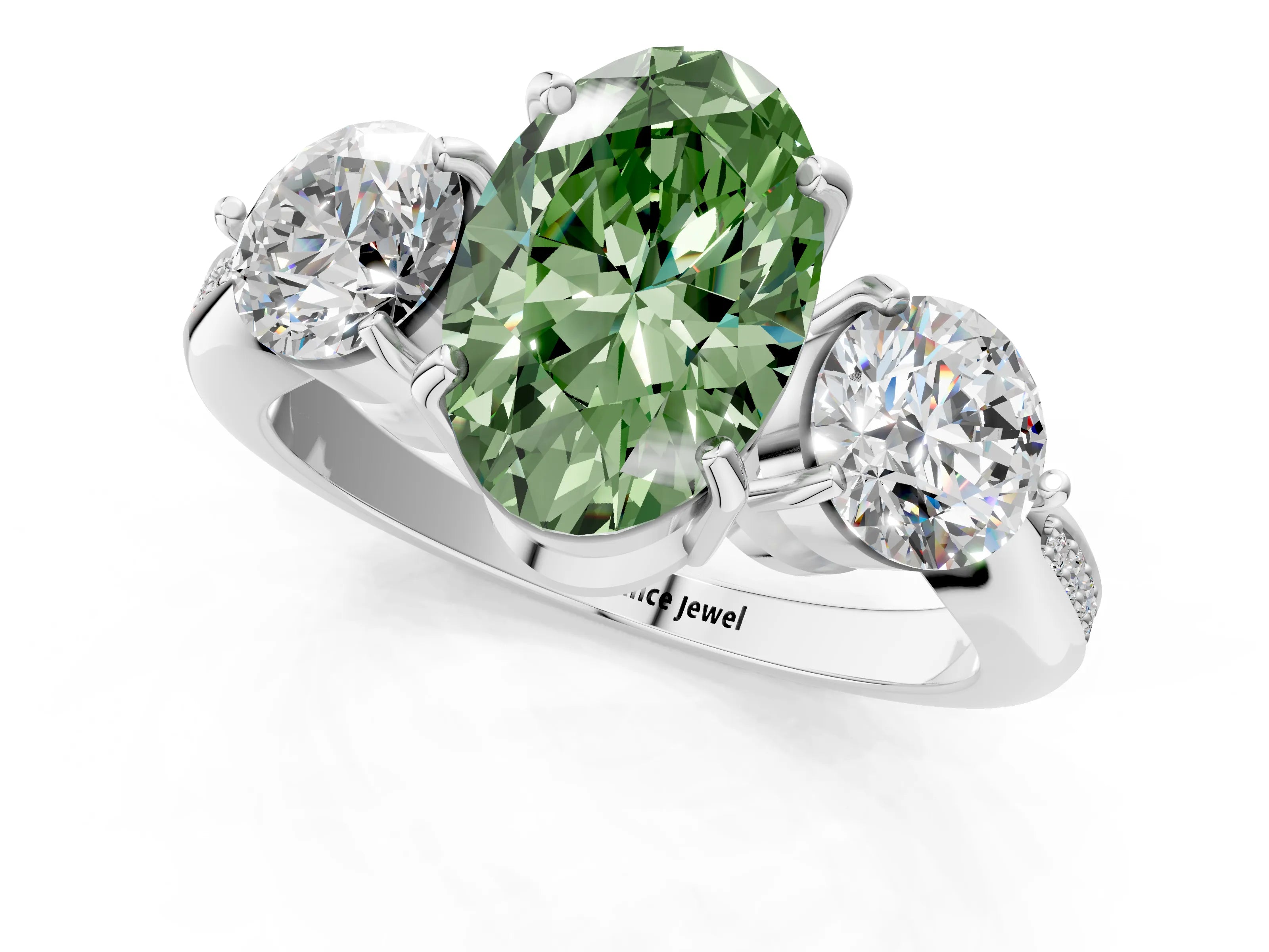 White gold Three-Stone Fancy Green Oval Cut Diamond Channel Set Engagement Ring with Prong Setting_13