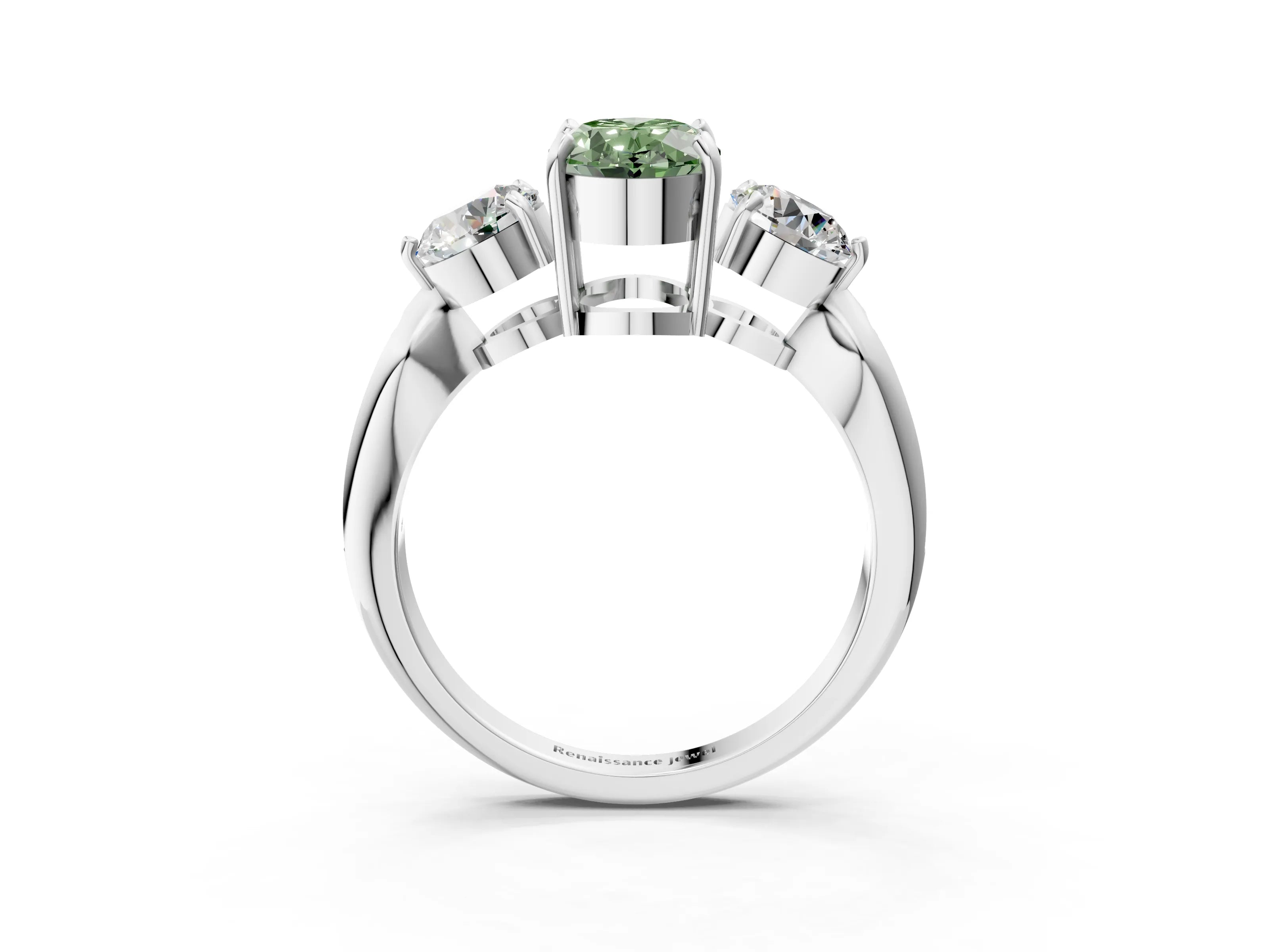 White gold Three-Stone Fancy Green Oval Cut Diamond Channel Set Engagement Ring with Prong Setting_15