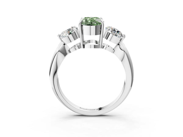 Platinum Three-Stone Fancy Green Oval Cut Diamond Channel Set Engagement Ring with Prong Setting