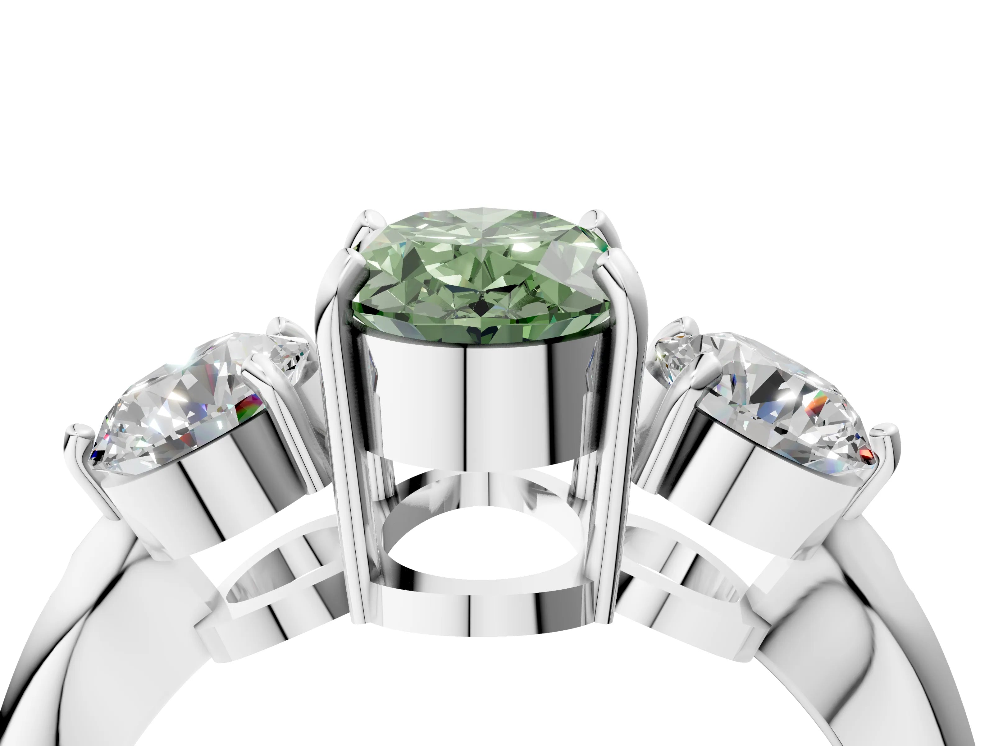 White gold Three-Stone Fancy Green Oval Cut Diamond Channel Set Engagement Ring with Prong Setting_4