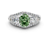 White gold Three-Stone Fancy Green Oval Cut Diamond Engagement Ring with Pave Band and Prong Setting_12