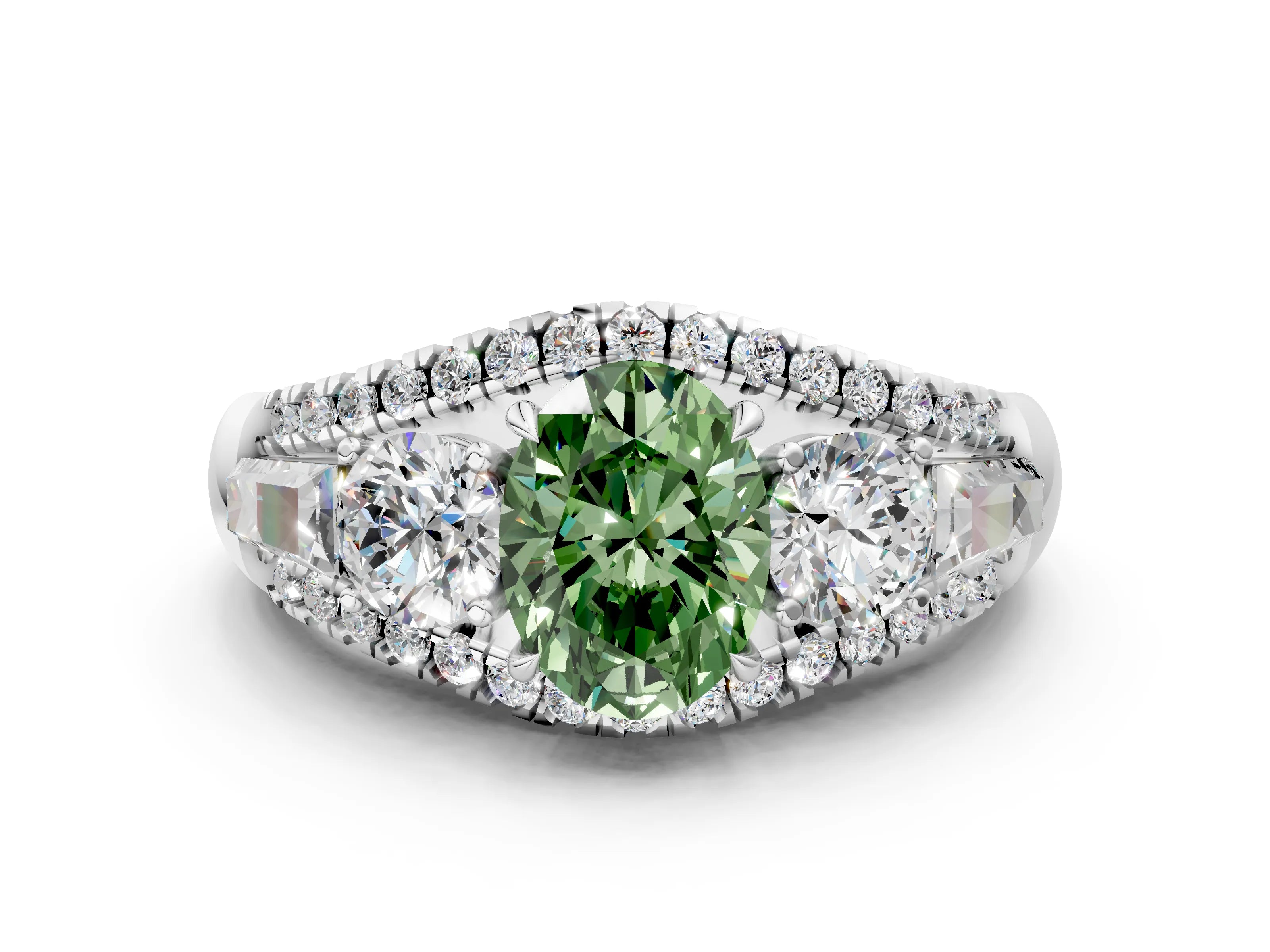 White gold Three-Stone Fancy Green Oval Cut Diamond Engagement Ring with Pave Band and Prong Setting_12