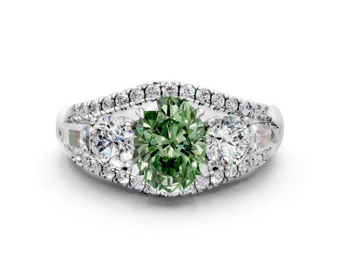 White gold Three-Stone Fancy Green Oval Cut Diamond Engagement Ring with Pave Band and Prong Setting_12