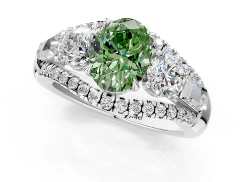 White gold Three-Stone Fancy Green Oval Cut Diamond Engagement Ring with Pave Band and Prong Setting_13