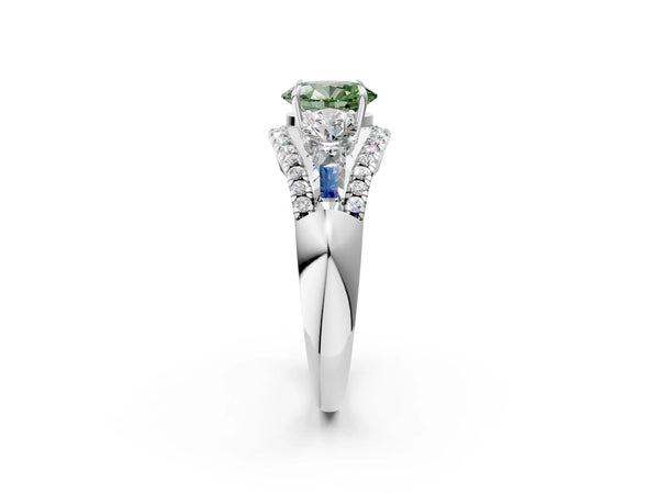 Platinum Three-Stone Fancy Green Oval Cut Diamond Engagement Ring with Pave Band and Prong Setting