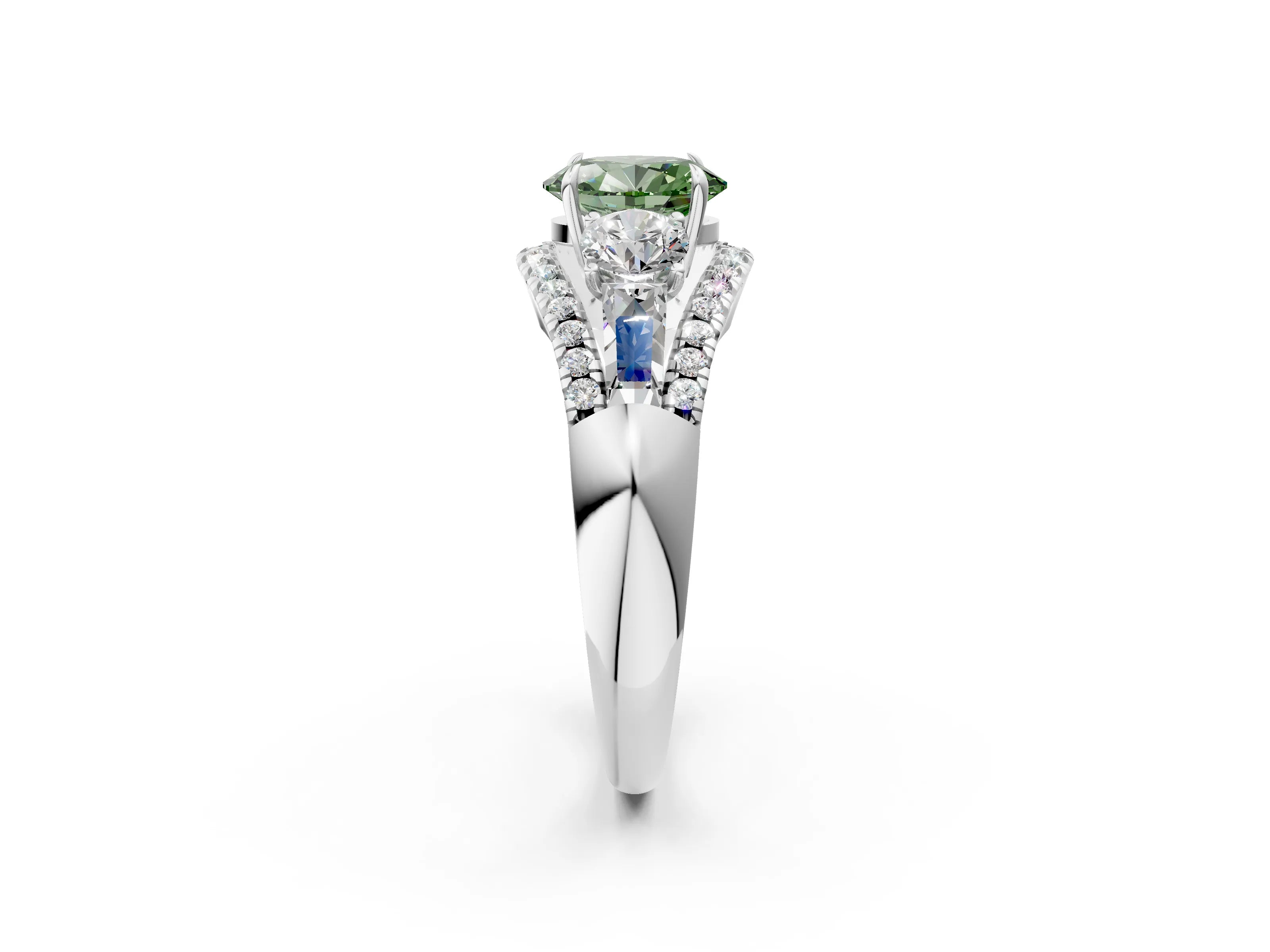 White gold Three-Stone Fancy Green Oval Cut Diamond Engagement Ring with Pave Band and Prong Setting_14