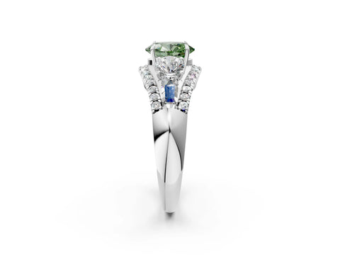 White gold Three-Stone Fancy Green Oval Cut Diamond Engagement Ring with Pave Band and Prong Setting_14