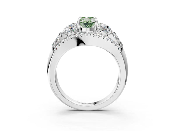 Platinum Three-Stone Fancy Green Oval Cut Diamond Engagement Ring with Pave Band and Prong Setting