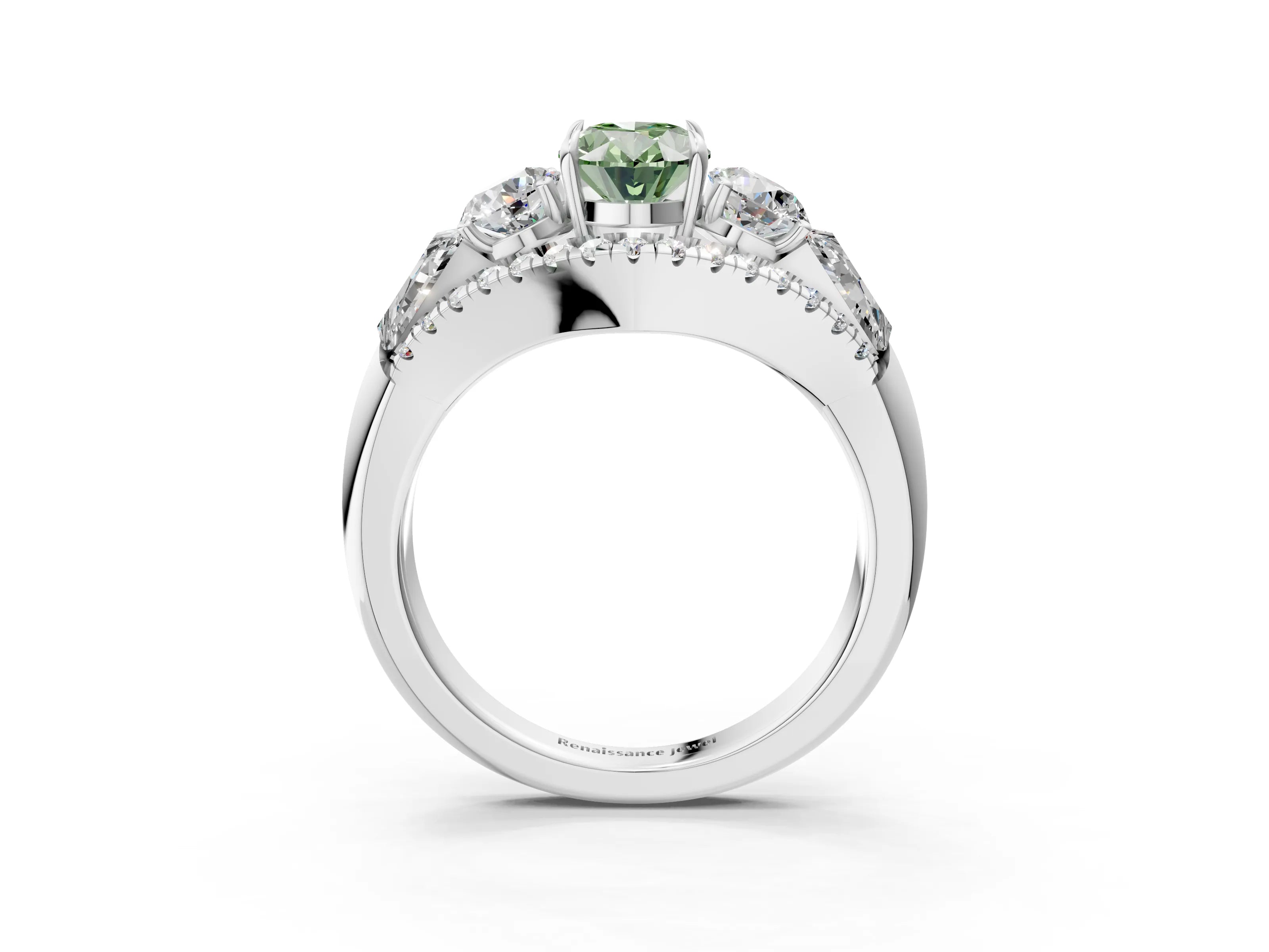 White gold Three-Stone Fancy Green Oval Cut Diamond Engagement Ring with Pave Band and Prong Setting_15