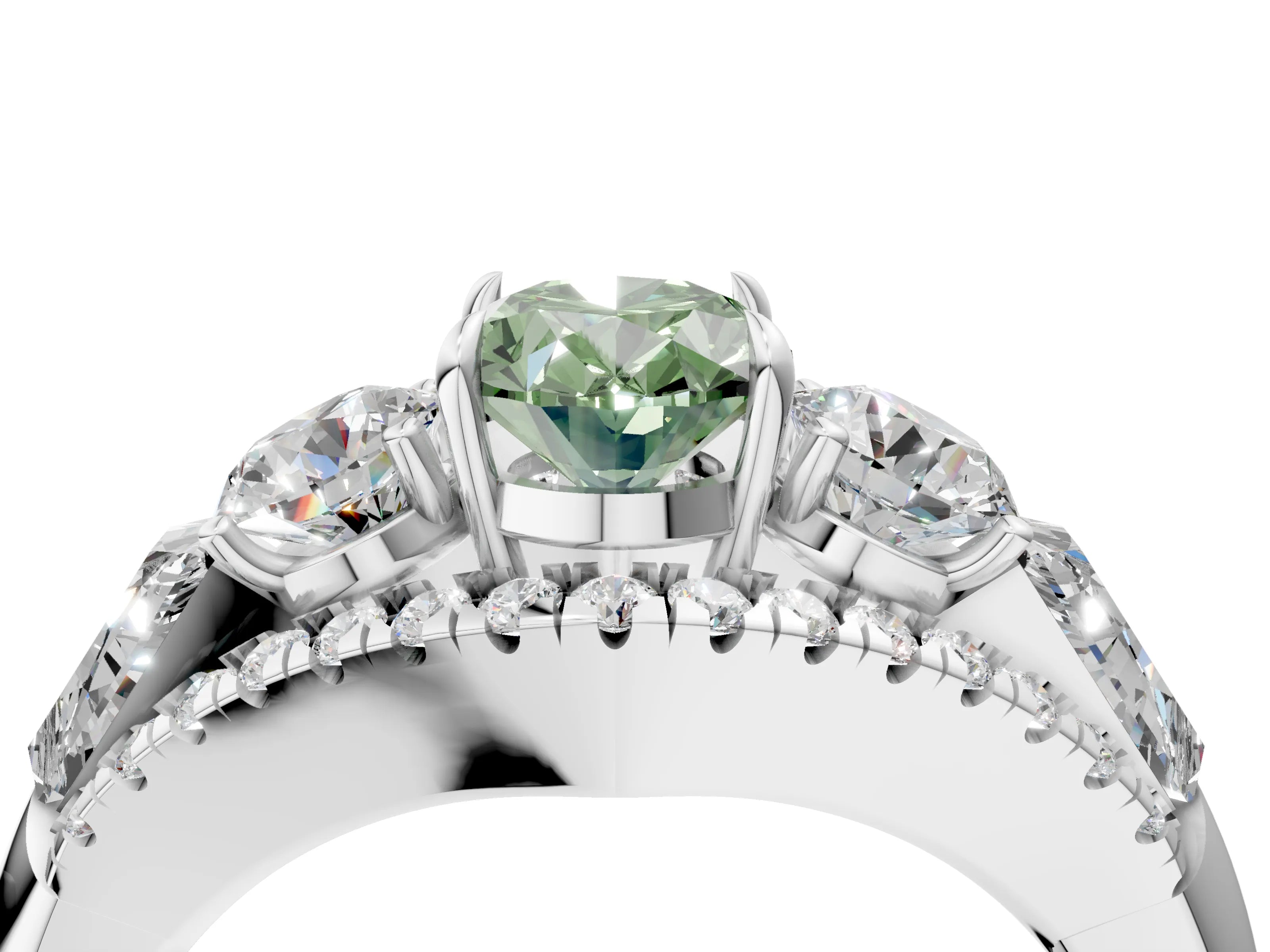 White gold Three-Stone Fancy Green Oval Cut Diamond Engagement Ring with Pave Band and Prong Setting_16