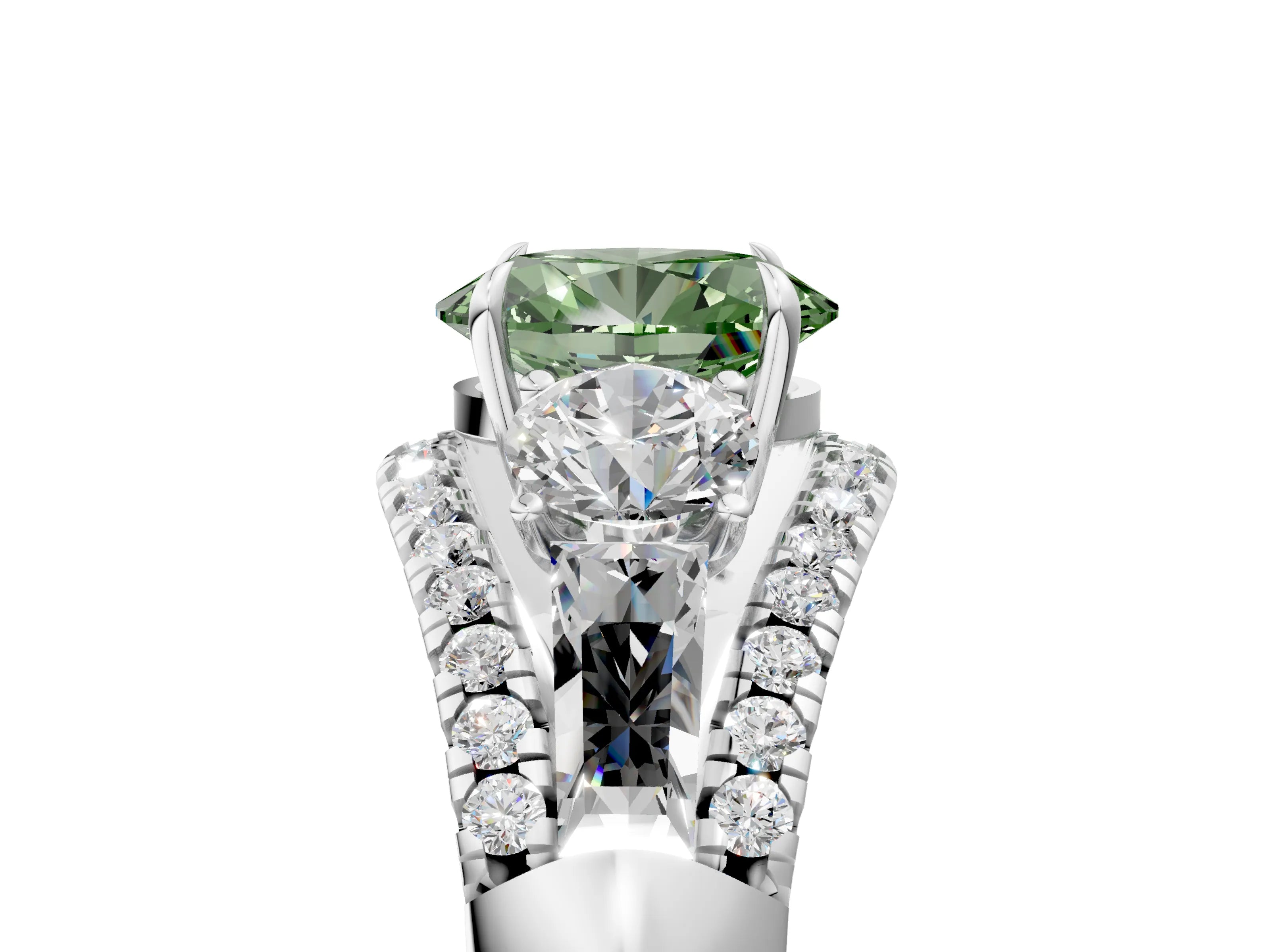 White gold Three-Stone Fancy Green Oval Cut Diamond Engagement Ring with Pave Band and Prong Setting_17