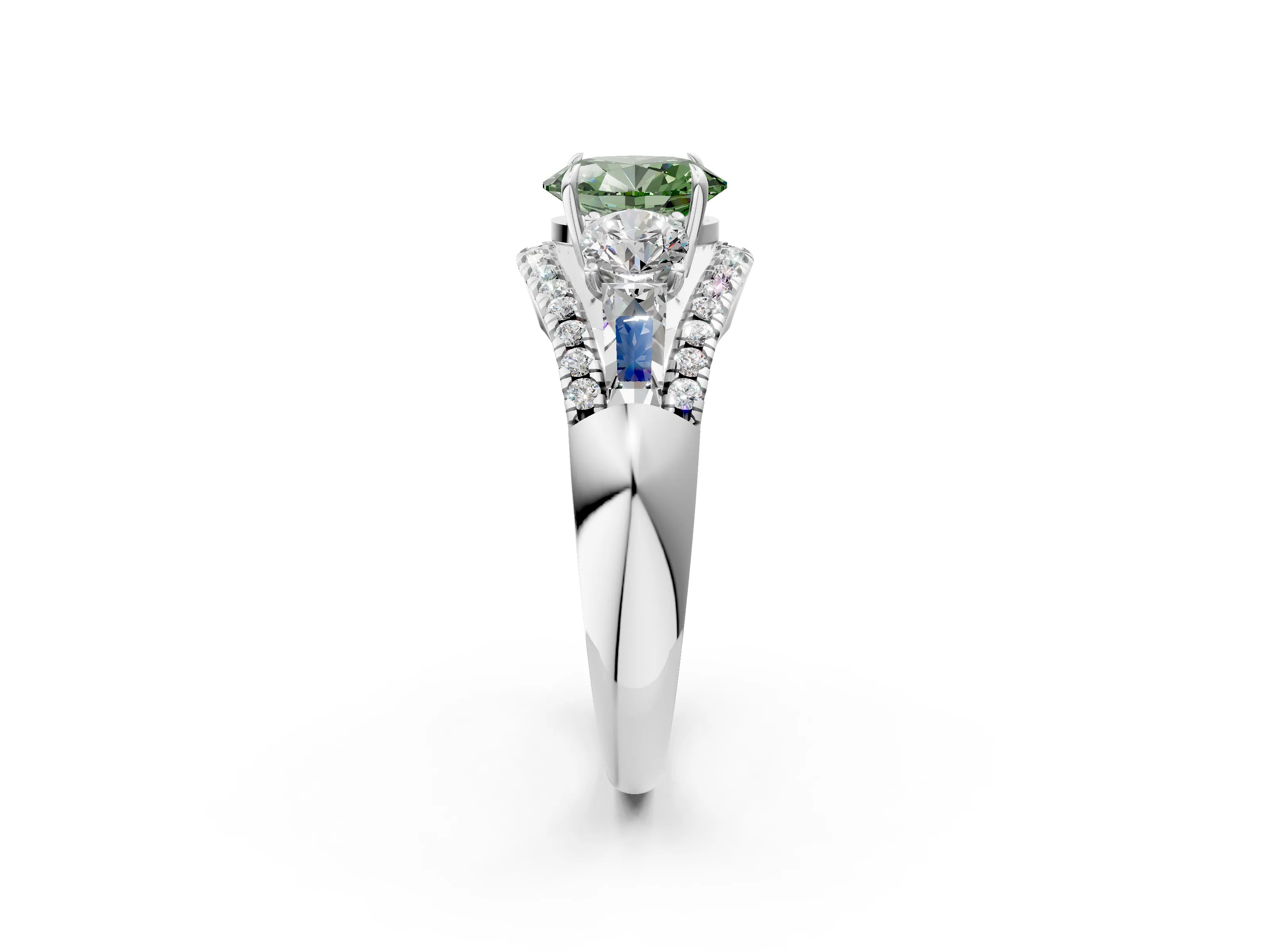 White gold Three-Stone Fancy Green Oval Cut Diamond Engagement Ring with Pave Band and Prong Setting_2