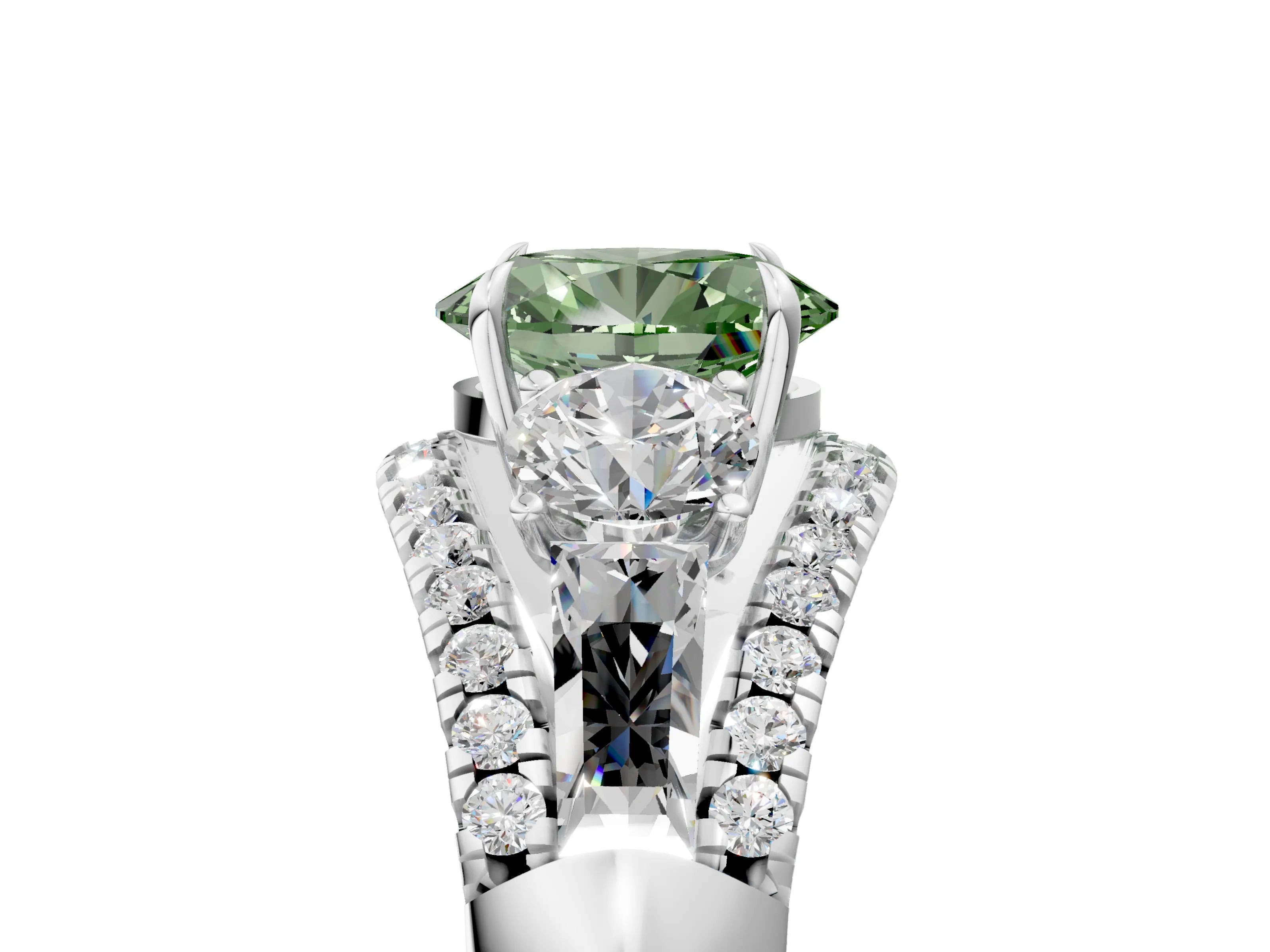 White gold Three-Stone Fancy Green Oval Cut Diamond Engagement Ring with Pave Band and Prong Setting_5