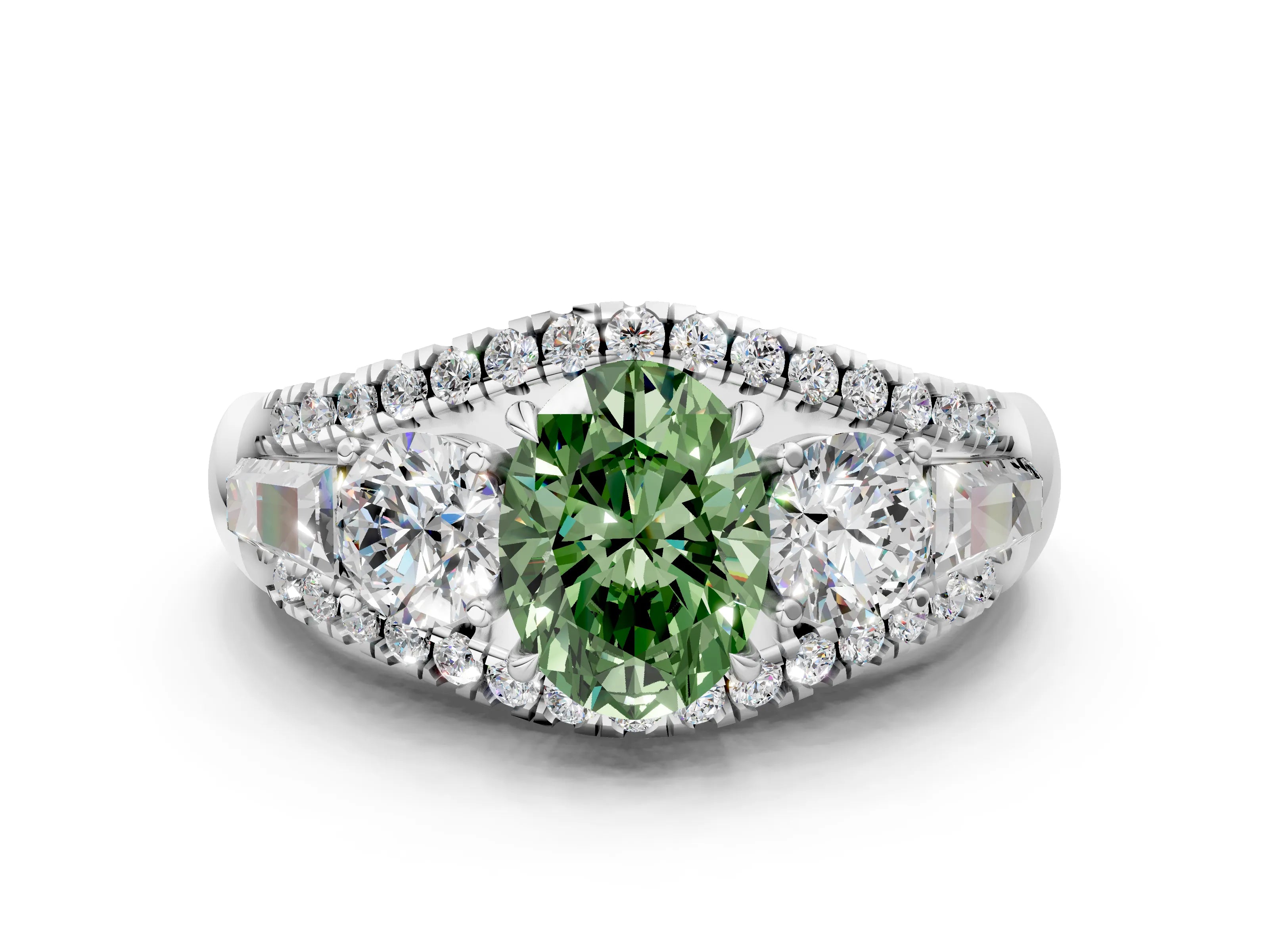 White gold Three-Stone Fancy Green Oval Cut Diamond Engagement Ring with Pave Band and Prong Setting