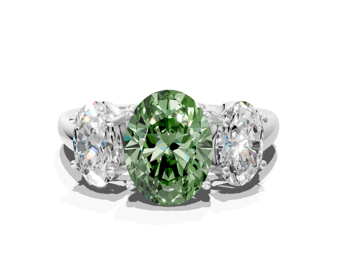 White gold Three-Stone Fancy Green Oval Cut Diamond Engagement Ring with Prong Setting_15