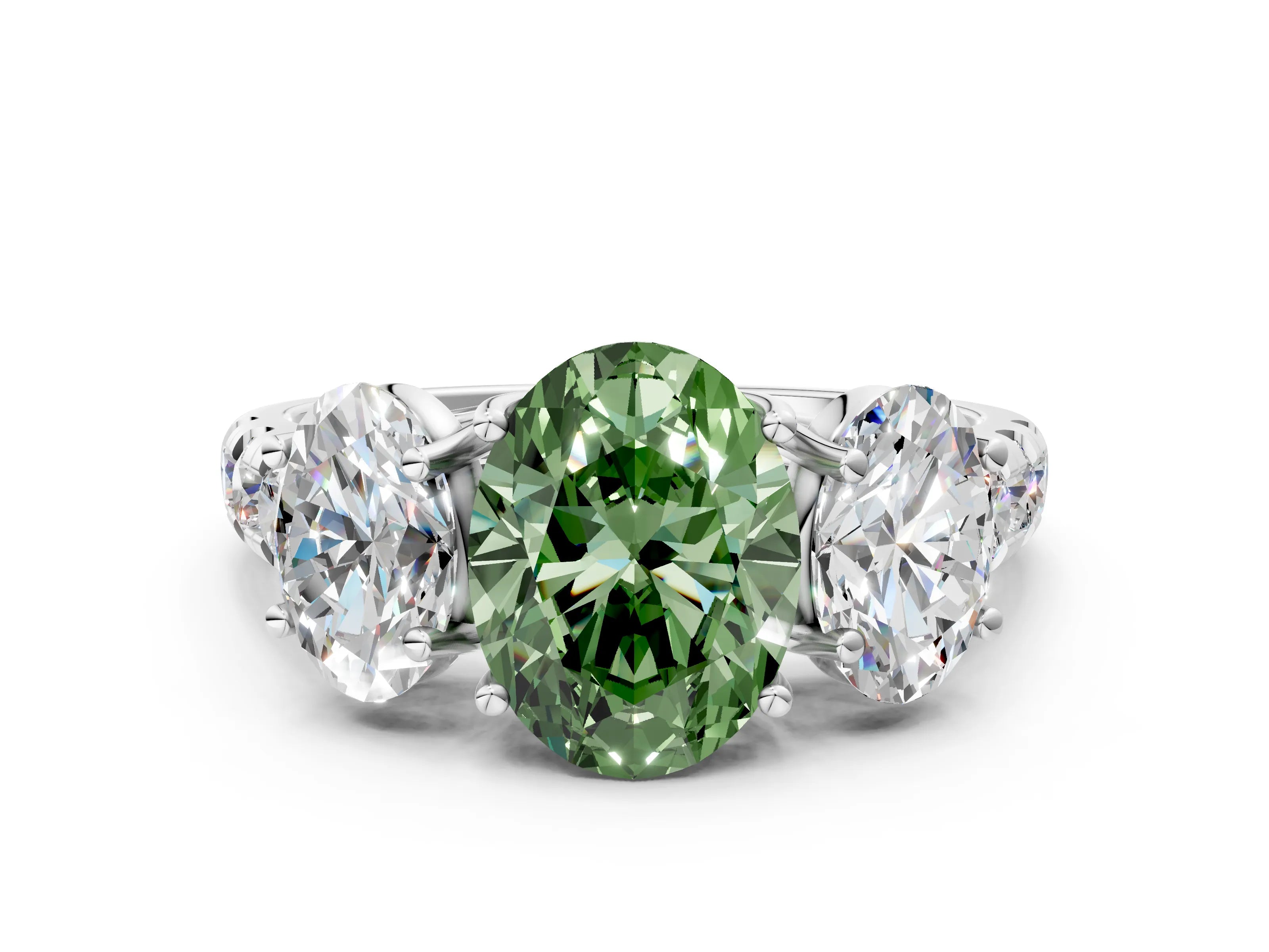 White gold Three-Stone Fancy Green Oval Cut Diamond Pavé Band with Prong Setting_12