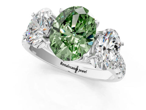 White gold Three-Stone Fancy Green Oval Cut Diamond Pavé Band with Prong Setting_13