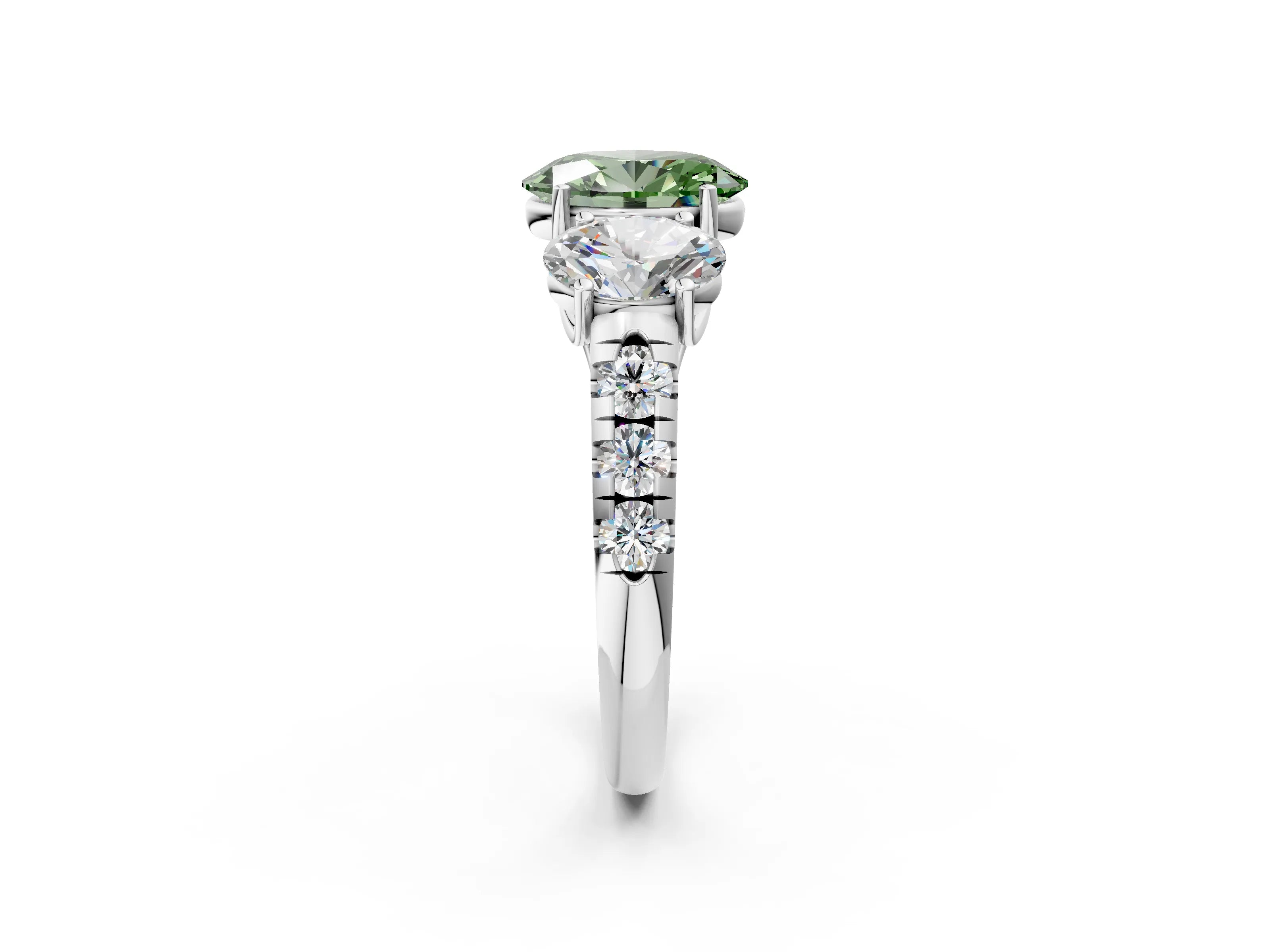 White gold Three-Stone Fancy Green Oval Cut Diamond Pavé Band with Prong Setting_14