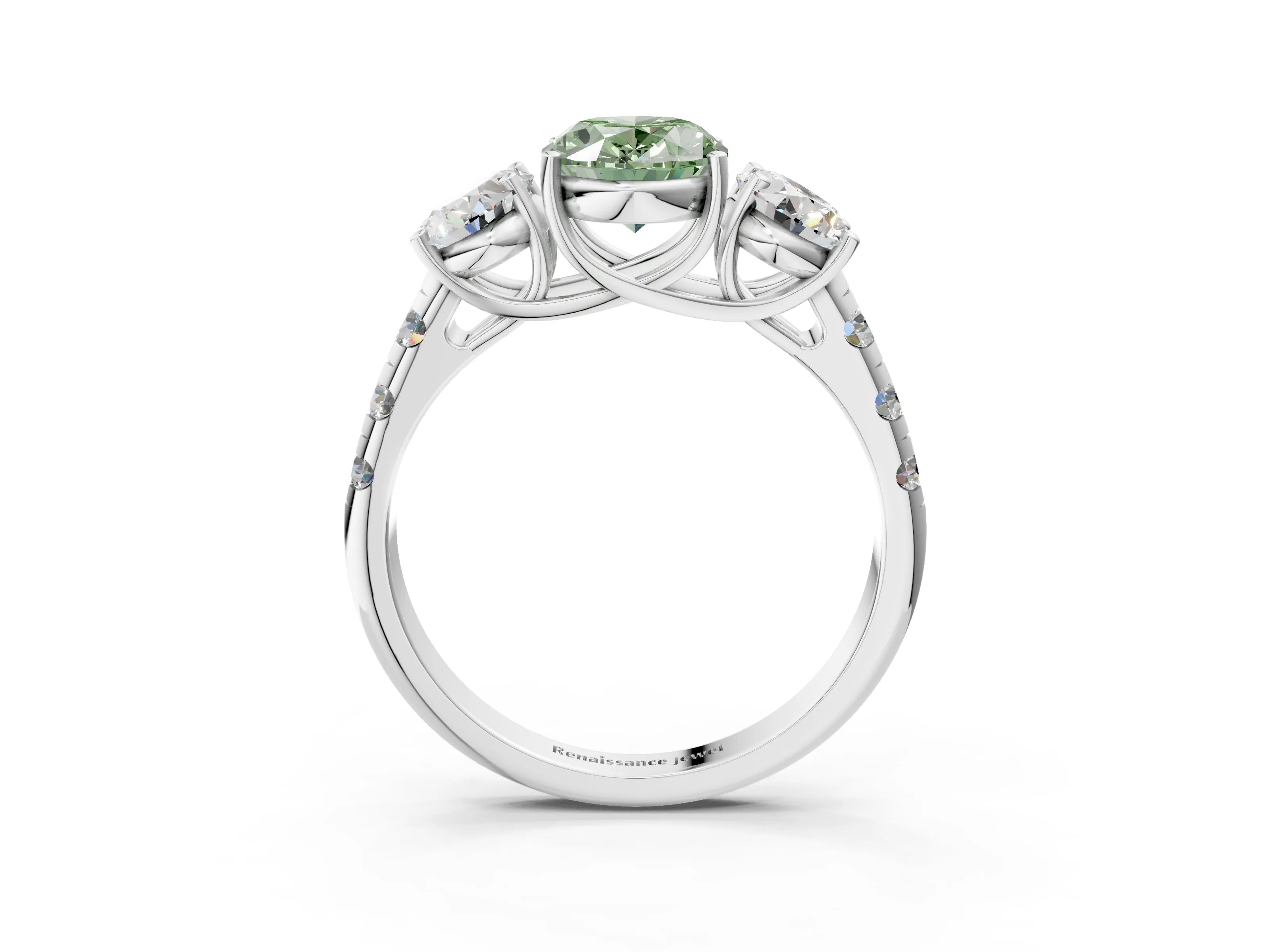 White gold Three-Stone Fancy Green Oval Cut Diamond Pavé Band with Prong Setting_15